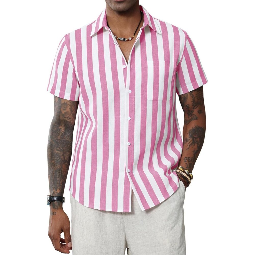 Men's Linen Shirts Short Sleeve Casual Striped Button Down Shirt for Summer